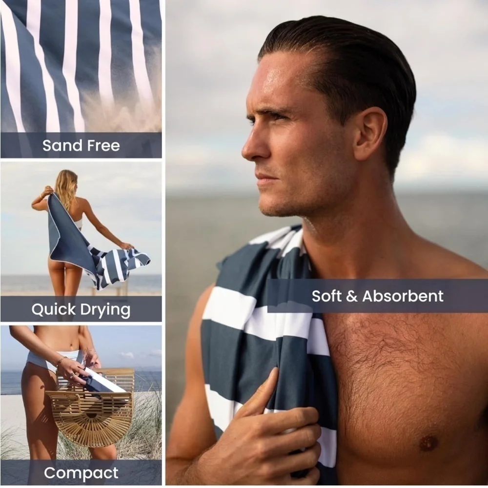 Brand New Microfiber Beach Towel Sandfree Quick Dry Blue White Stripes Vacation